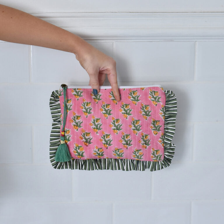 Powell Craft Green Ogee & Small Pink Block Print Quilted Make Up Bag With Green Stripe Ruffle Trim
