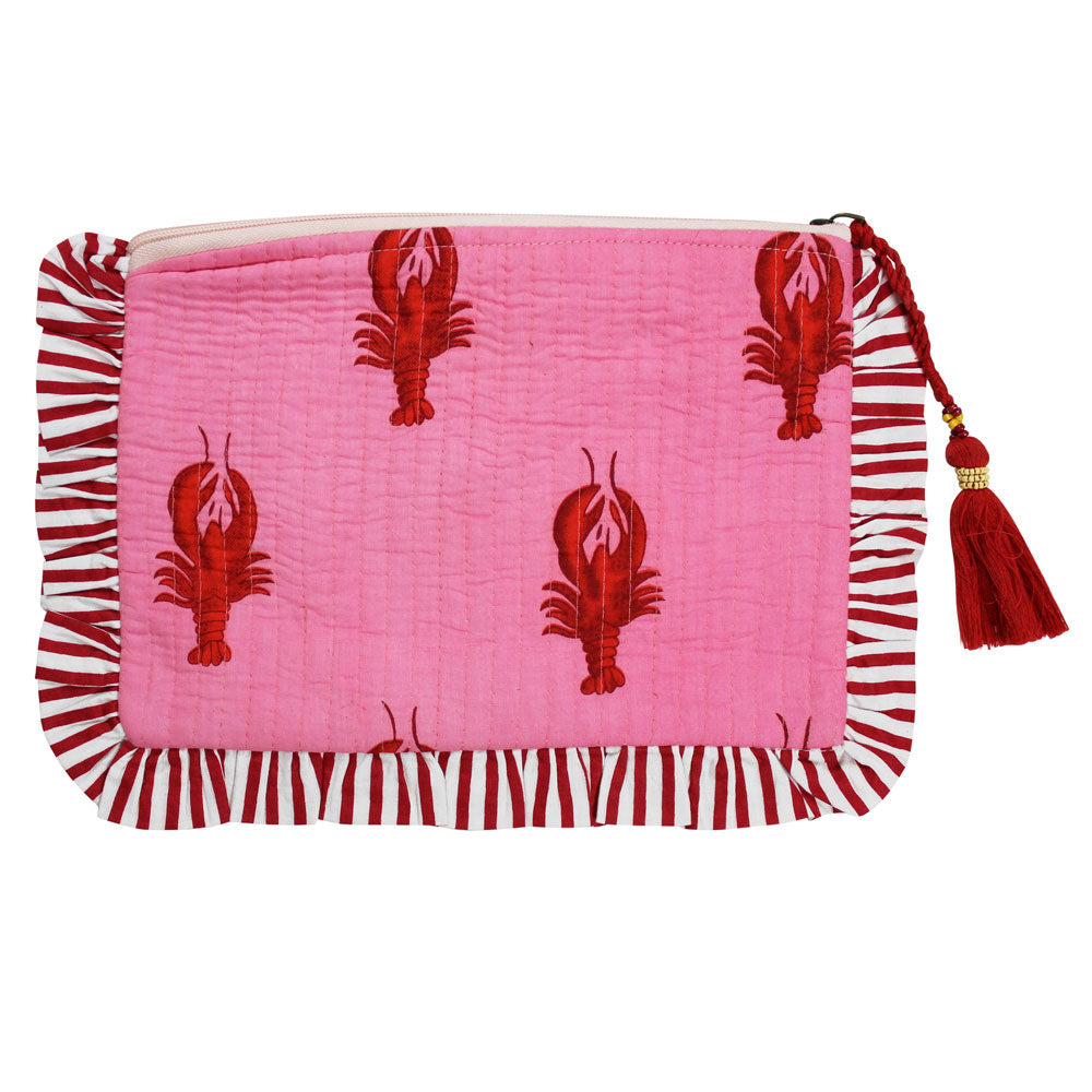 Powell Craft Pink & Red Lobster Print / Pink & Red Wide Stripe Print Quilted Make Up Bag