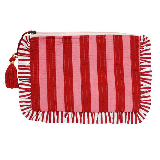 Powell Craft Pink & Red Lobster Print / Pink & Red Wide Stripe Print Quilted Make Up Bag