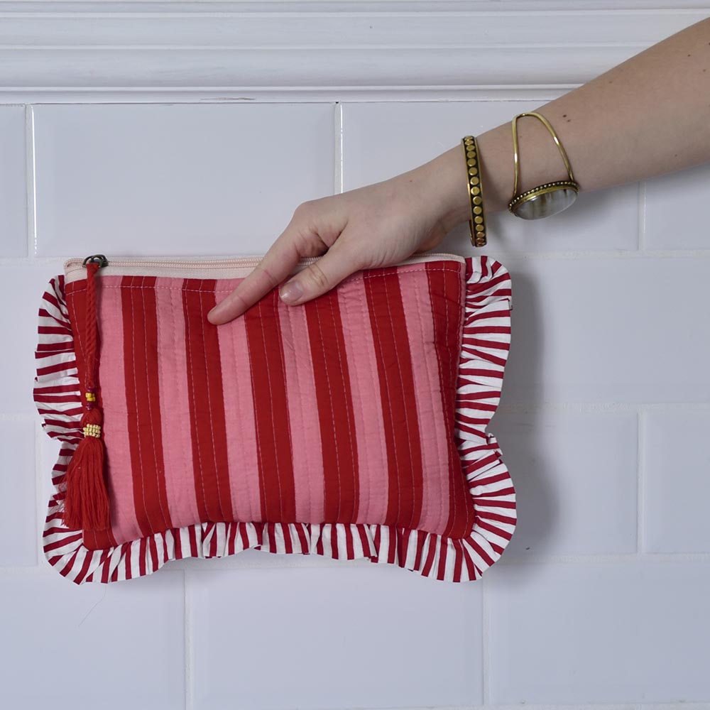 Powell Craft Pink & Red Lobster Print / Pink & Red Wide Stripe Print Quilted Make Up Bag