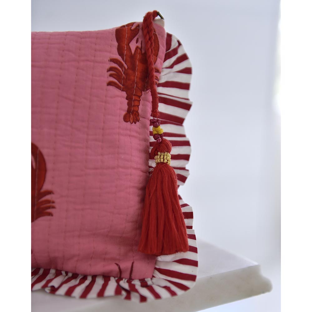 Powell Craft Pink & Red Lobster Print / Pink & Red Wide Stripe Print Quilted Make Up Bag