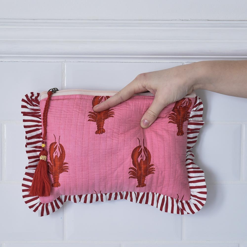 Powell Craft Pink & Red Lobster Print / Pink & Red Wide Stripe Print Quilted Make Up Bag