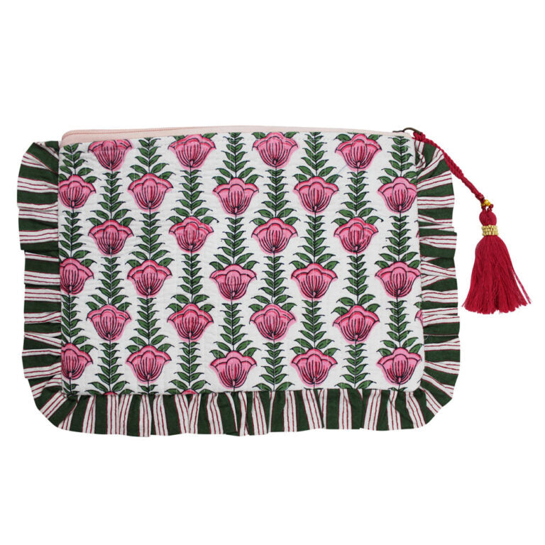 Powell Craft Pink & Green Damask Style Floral Print / Pink & White Tulip Block Print Quilted Make Up Bag