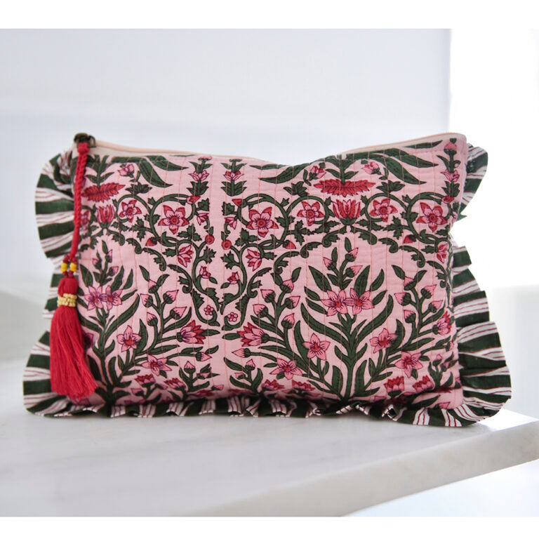 Powell Craft Pink & Green Damask Style Floral Print / Pink & White Tulip Block Print Quilted Make Up Bag