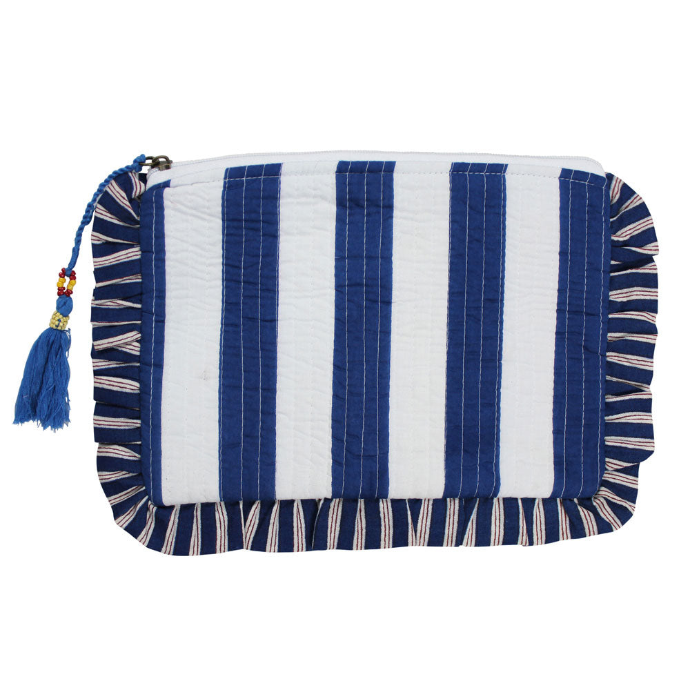 Powell Craft Blue & White Wide Stripe / Seashell Print Quilted Make Up Bag