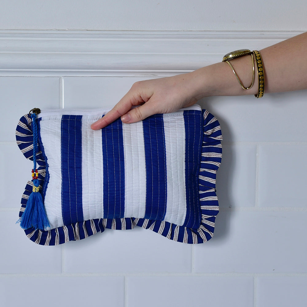 Powell Craft Blue & White Wide Stripe / Seashell Print Quilted Make Up Bag