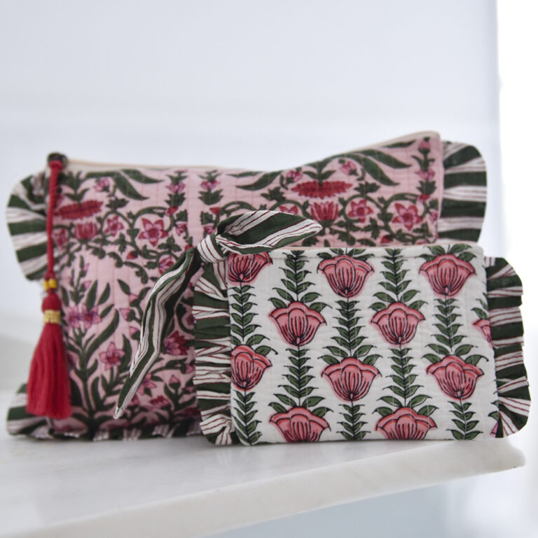 Powell Craft Pink & Green Damask Style Floral Print Small Purse