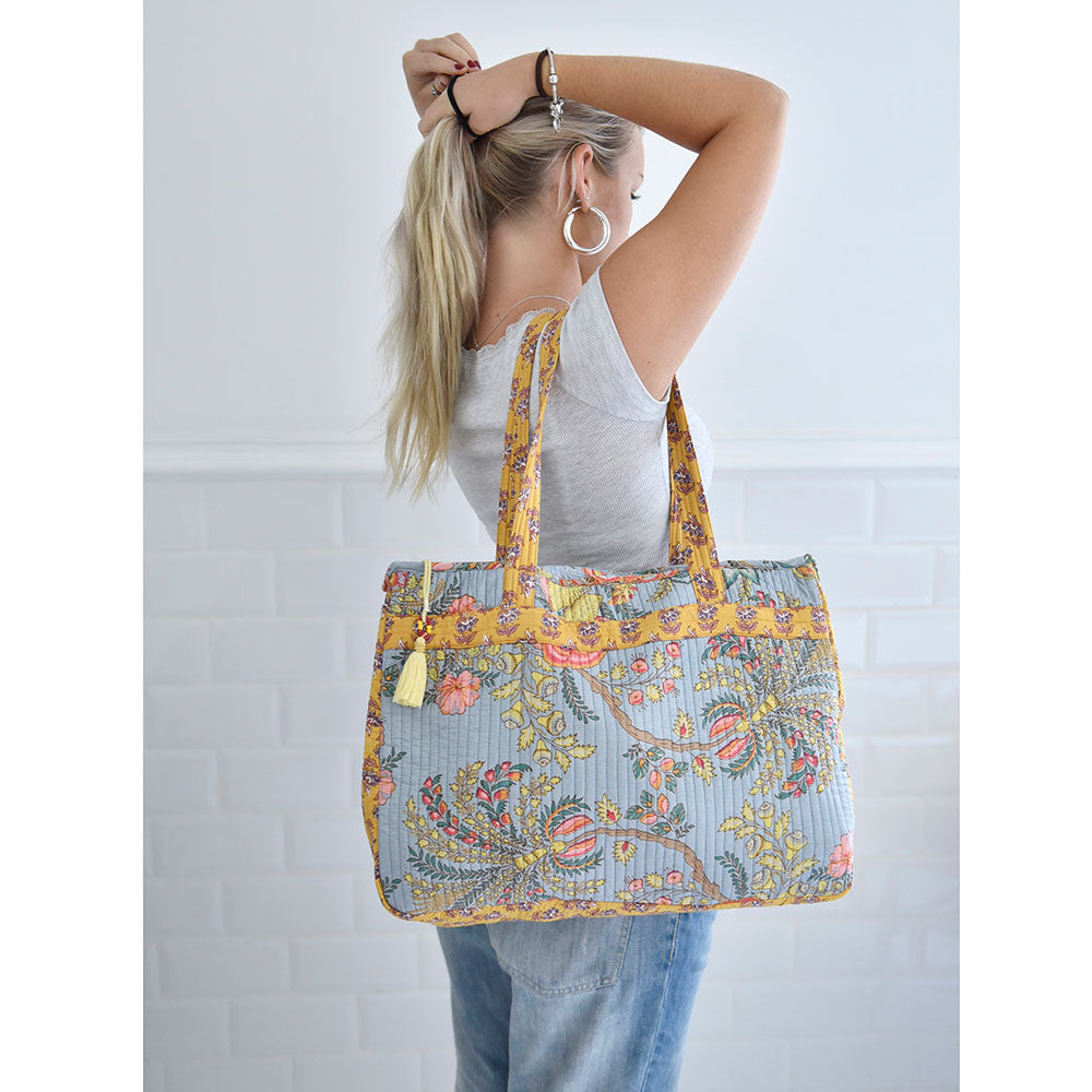 Powell Craft Grey, Coral and Mustard Quilted Tote Bag With Zip