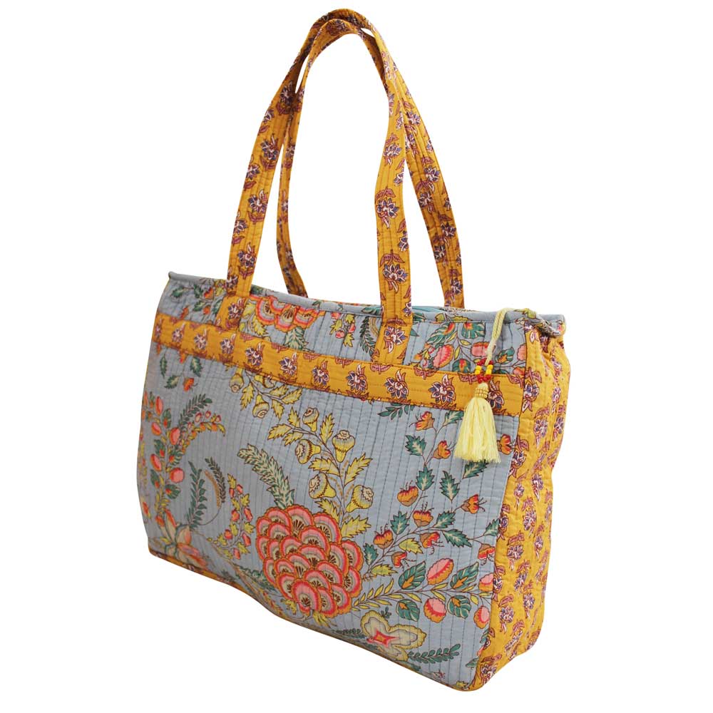 Powell Craft Grey, Coral and Mustard Quilted Tote Bag With Zip