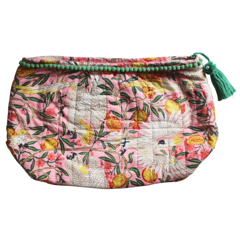 Powell Craft Pink Tropical Bird & Pomegranate Print Lined Wash Bag