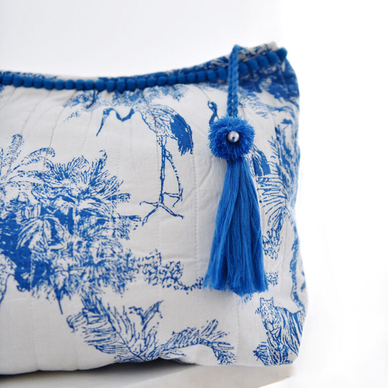 Powell Craft Blue & White Safari Toile De Jouy Print Lined Wash Bag