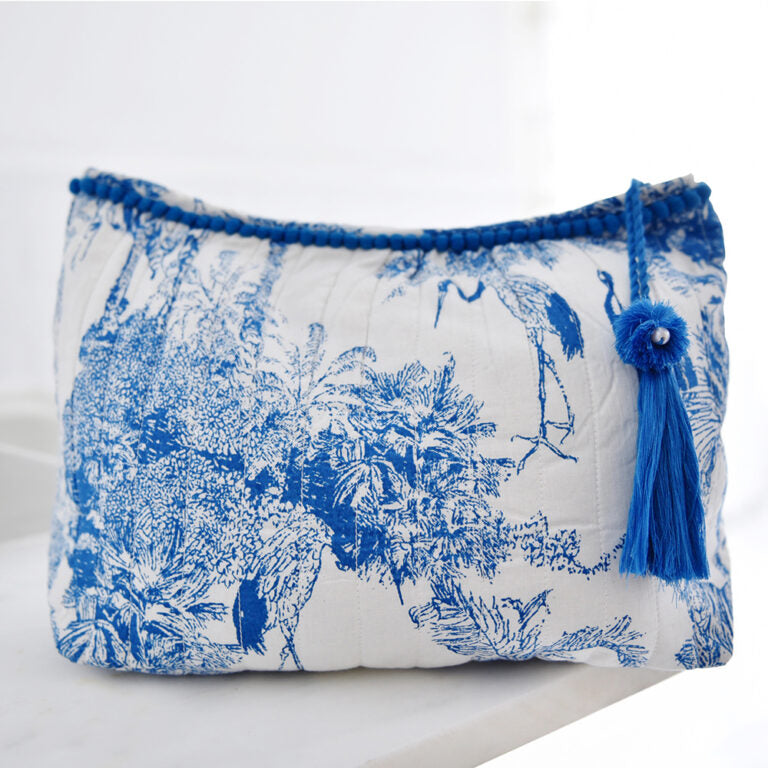 Powell Craft Blue & White Safari Toile De Jouy Print Lined Wash Bag