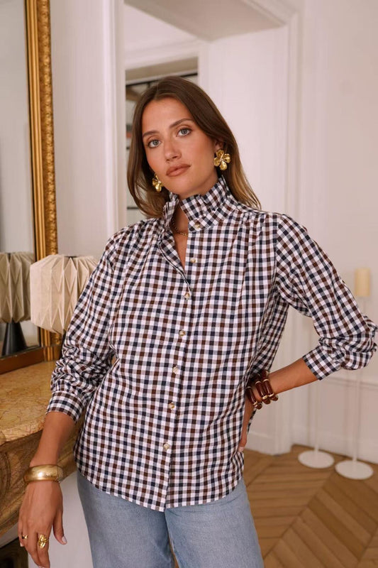 Allie High-Collared Plaid Shirt in Brown & Navy Check
