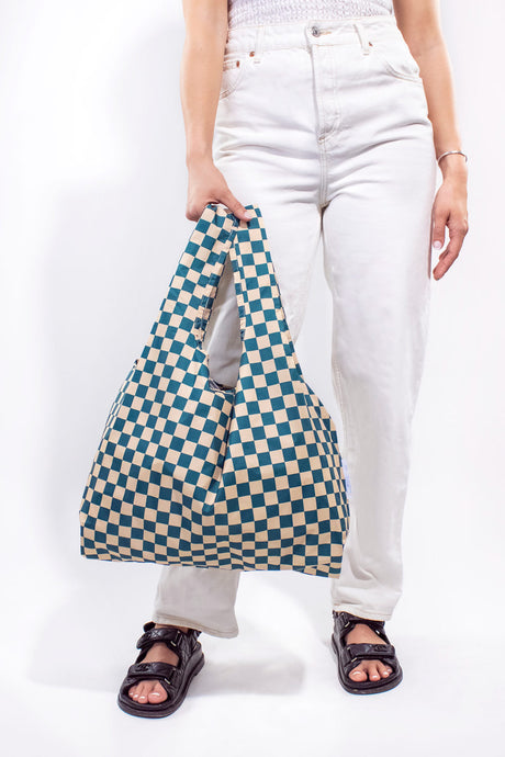 Kind Bag Checkerboard Teal & Beige Medium Reusable Bag