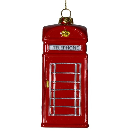 Red telephone box ornament with 'Telephone' label on a white background