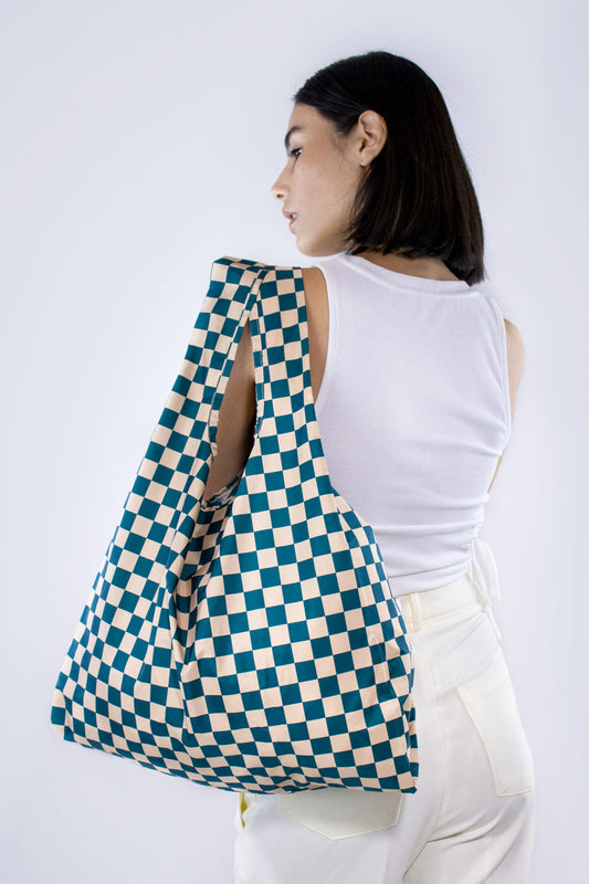 Kind Bag Checkerboard Teal & Beige Medium Reusable Bag