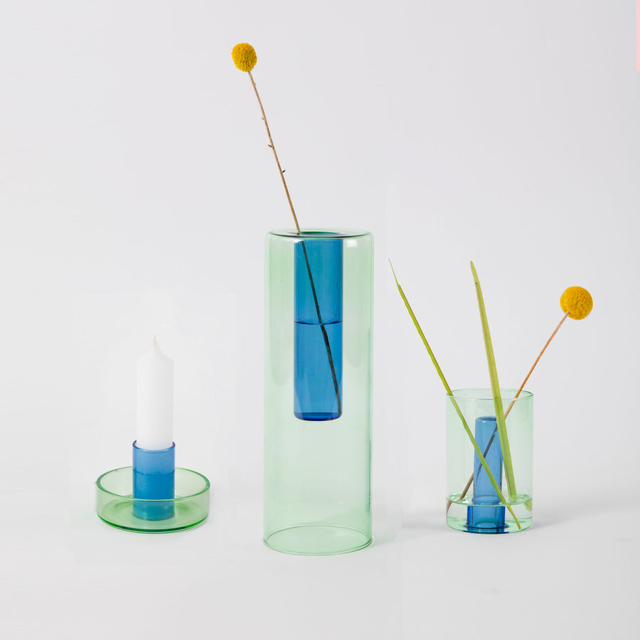 Block Design - Reversible Glass Vase - Large - Green / Blue