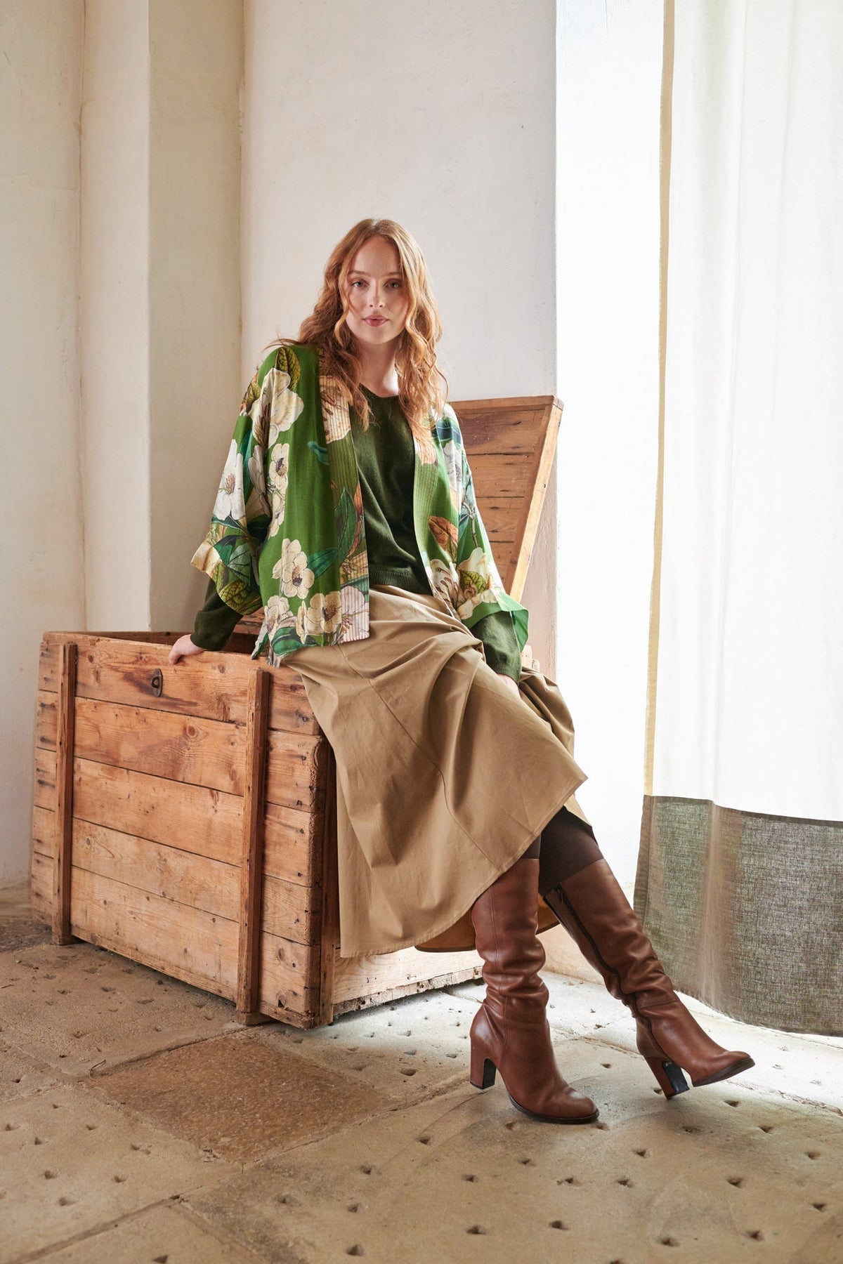 Rhodoleia-Green-Kimono1 with brown leather skirt and knee high boots