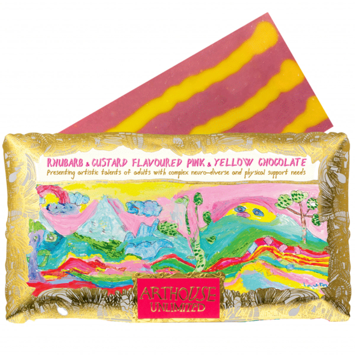 Arthouse Unlimited Peace, Rhubarb & Custard Flavoured Pink & Yellow Chocolate Bar