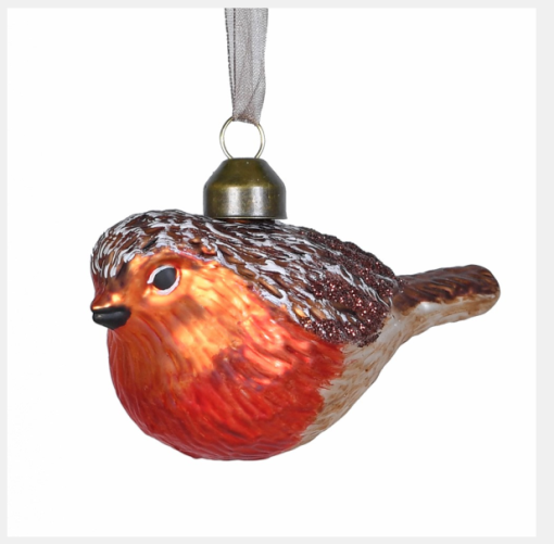 Glass robin ornament with a silver hook on a white background