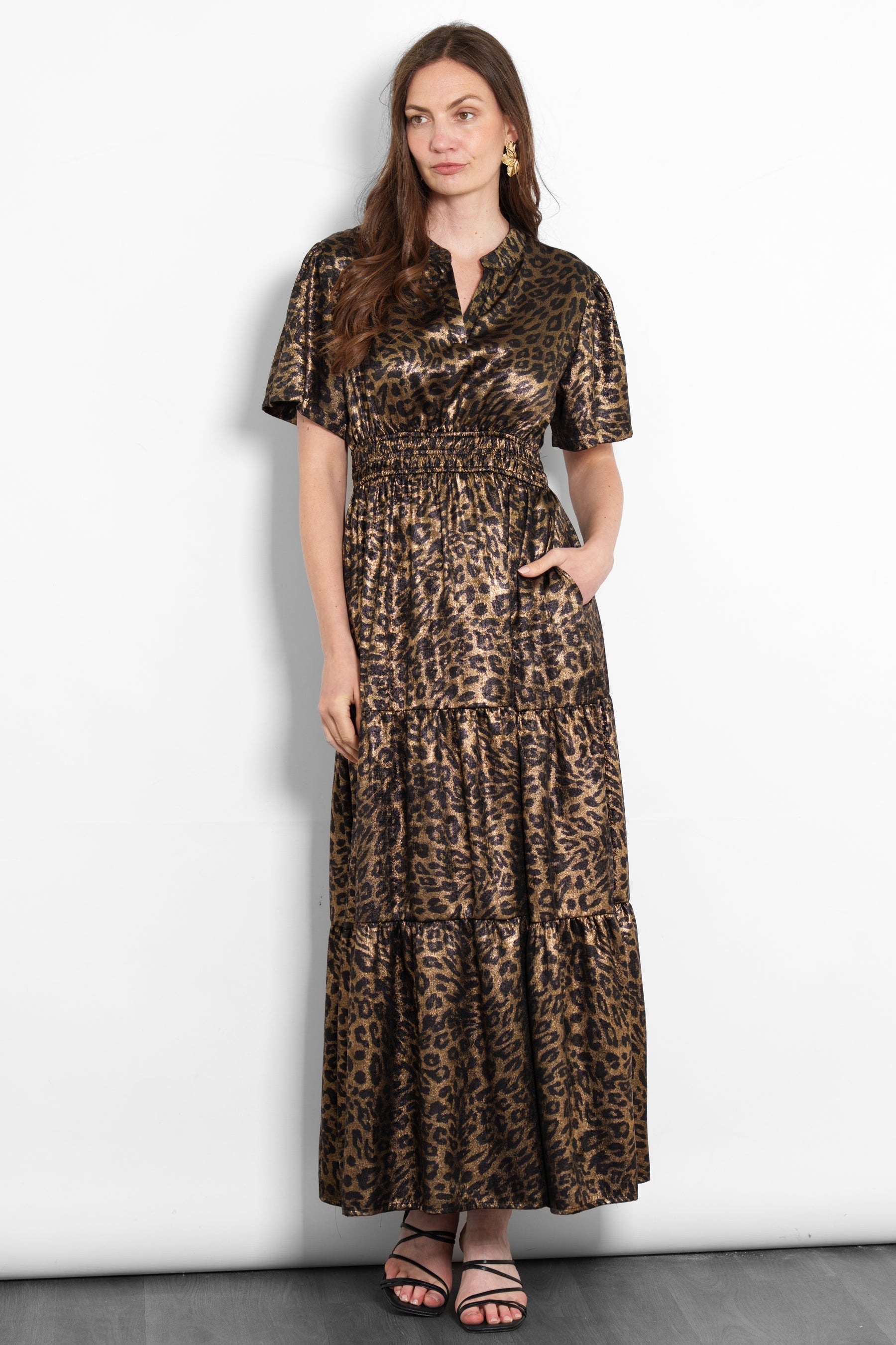 Roxy Tiered Maxi Dress- Gold, Metallic Leopard