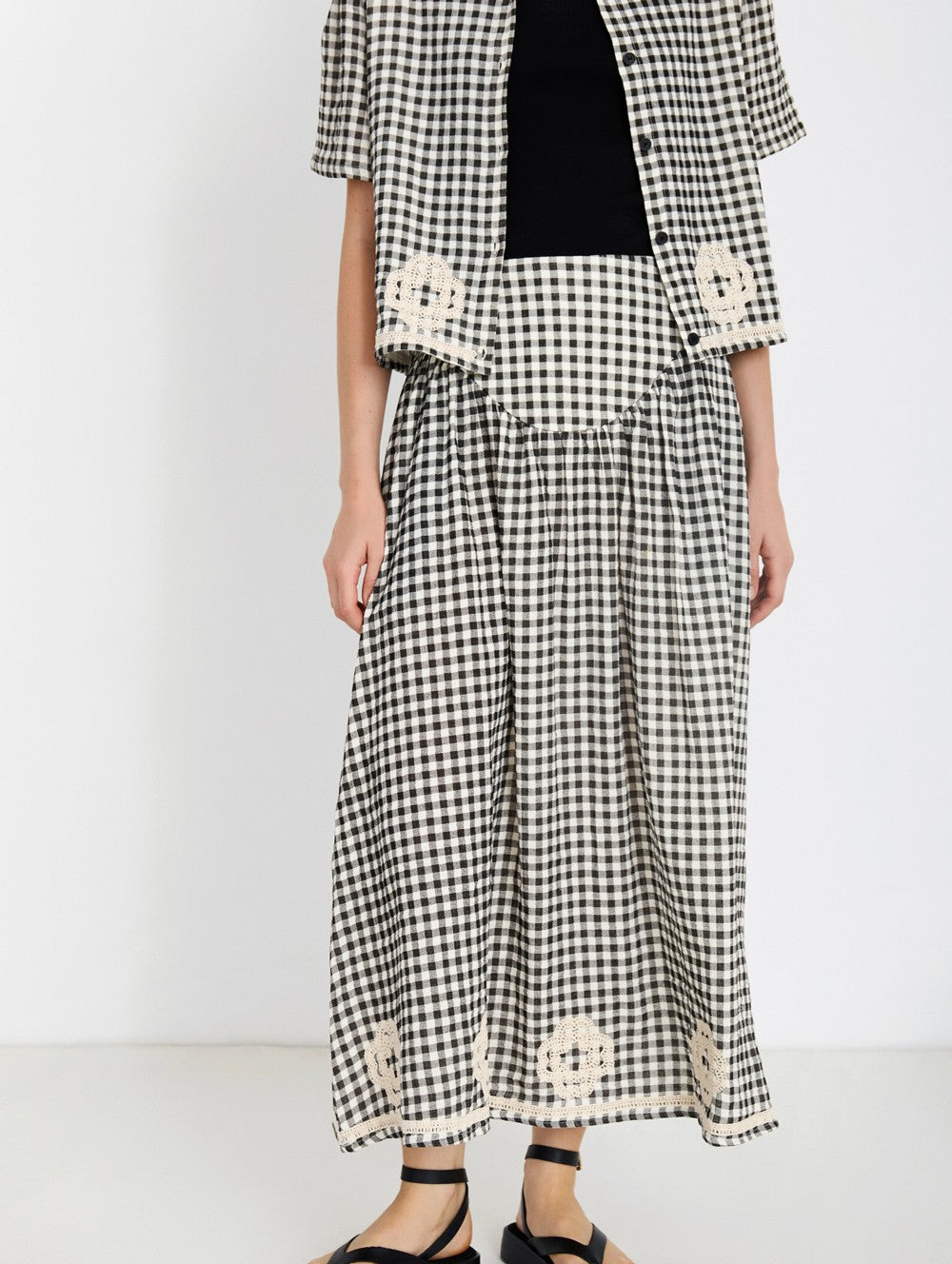 Skatie Gingham Skirt with Embroidery in Black & White