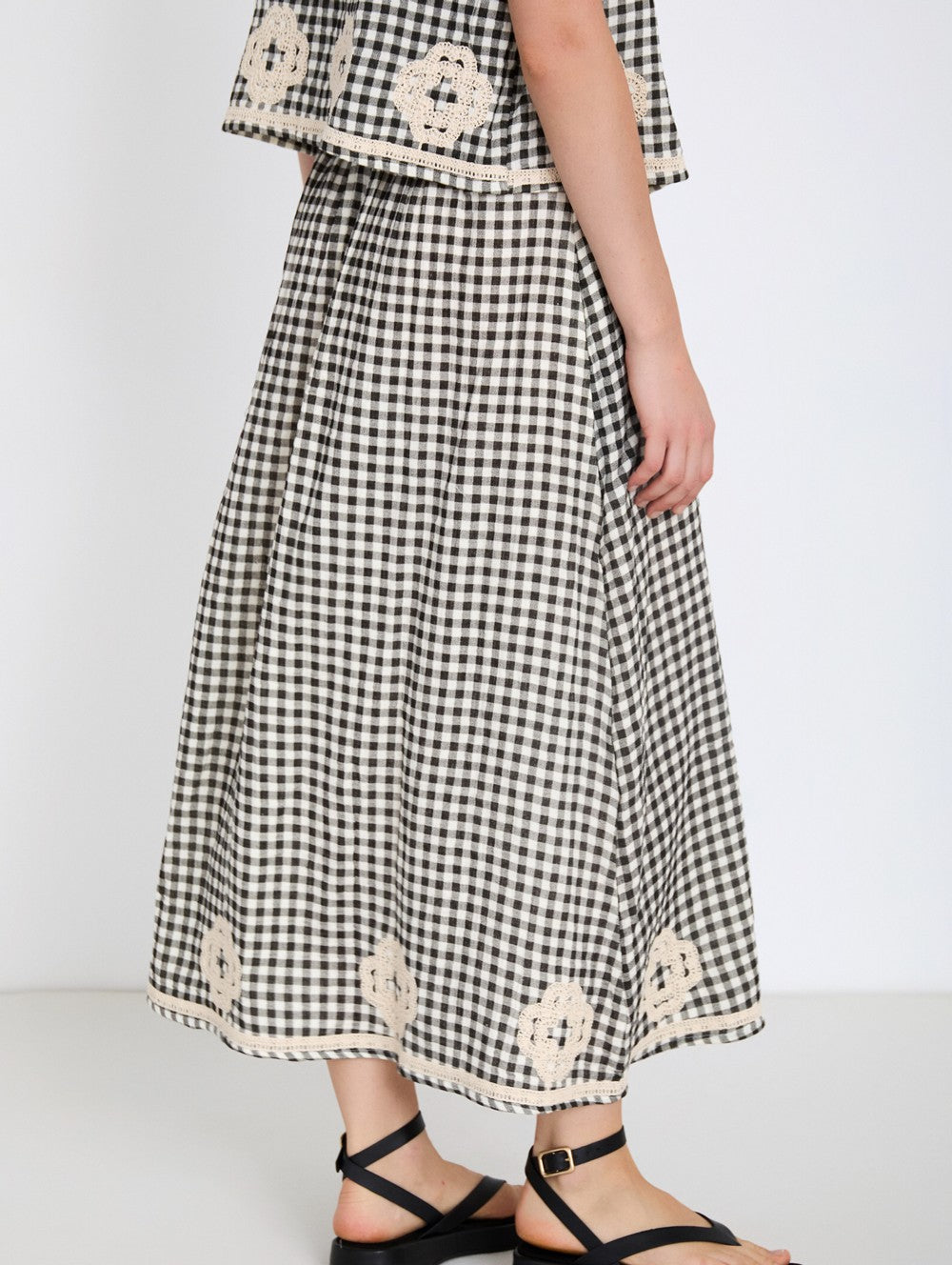 Skatie Gingham Skirt with Embroidery in Black & White
