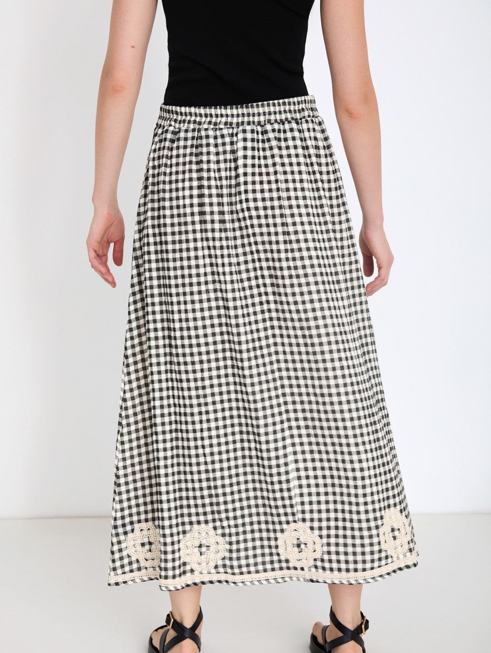 Skatie Gingham Skirt with Embroidery in Black & White