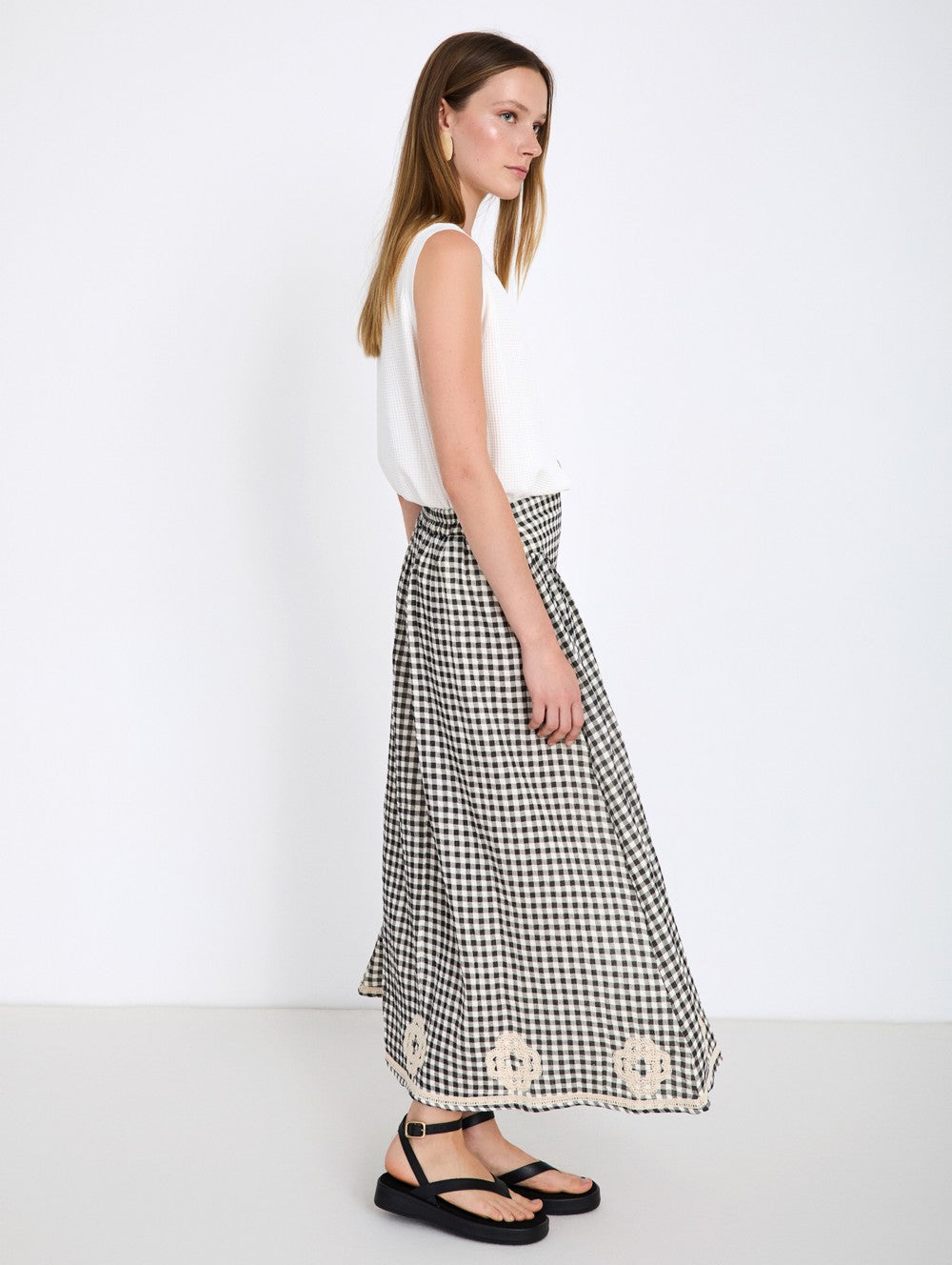 Skatie Gingham Skirt with Embroidery in Black & White