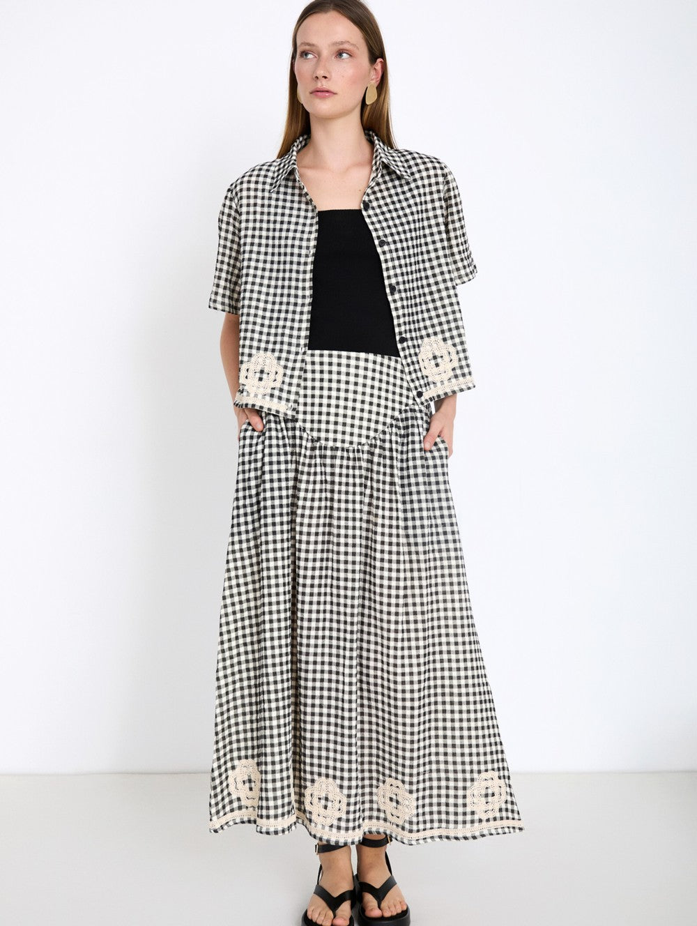 Skatie Gingham Skirt with Embroidery in Black & White