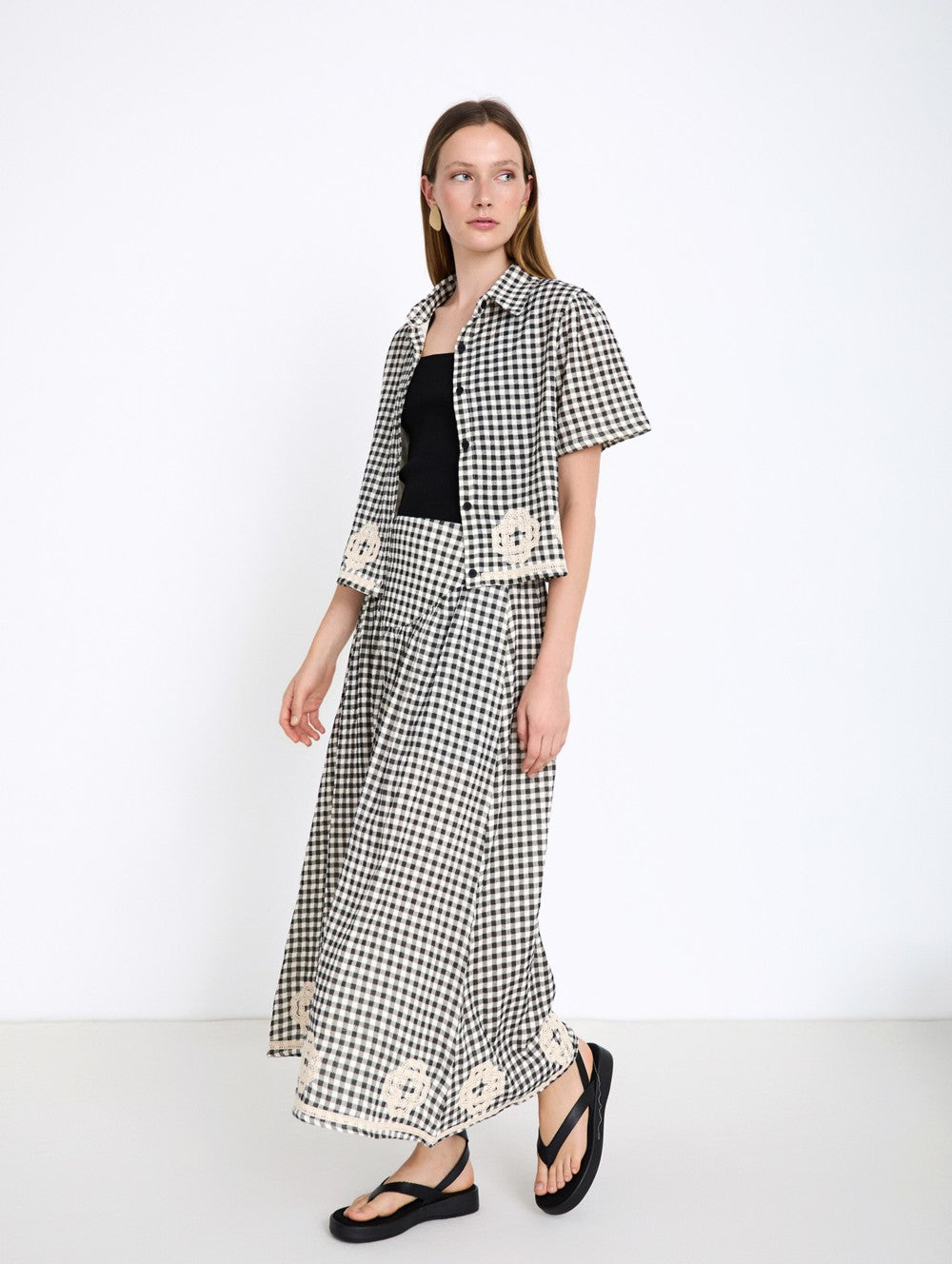 Skatie Gingham Skirt with Embroidery in Black & White
