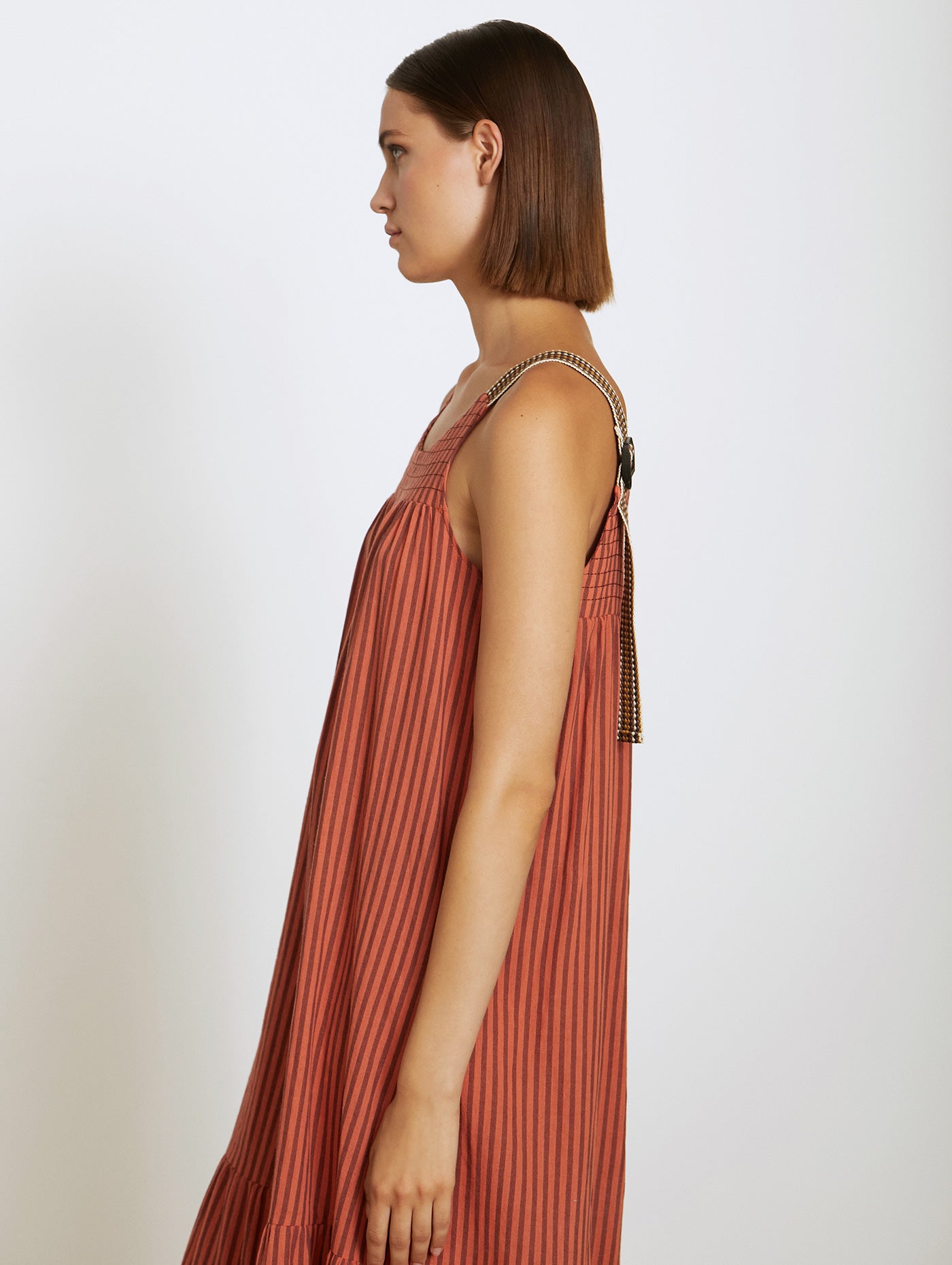 Skatie Stripy Dress with Contrast Straps in Tile Red