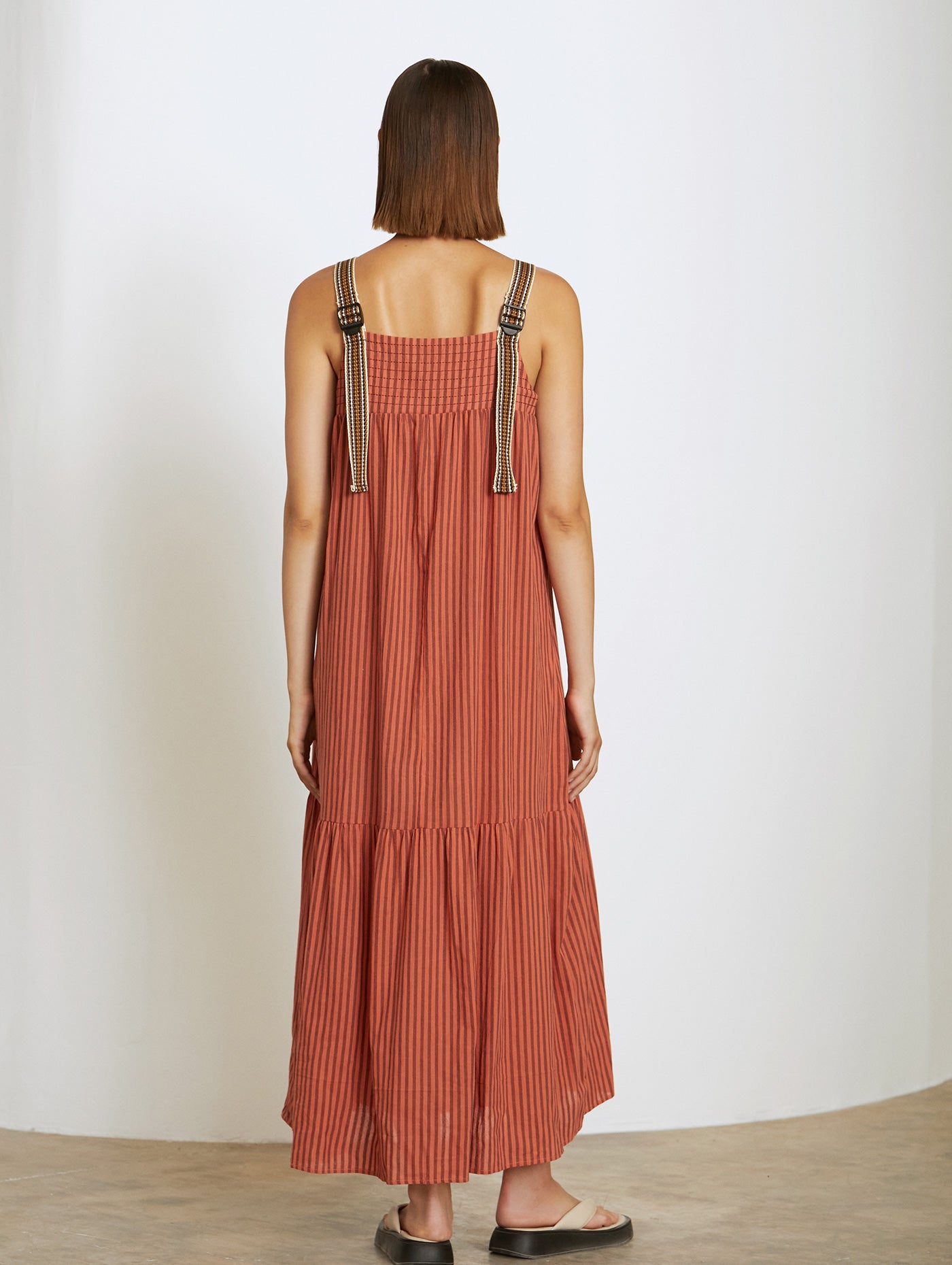 Skatie Stripy Dress with Contrast Straps in Tile Red