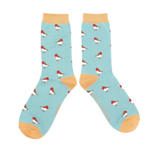 Miss Sparrow Bamboo Little Robins Socks Duck Egg