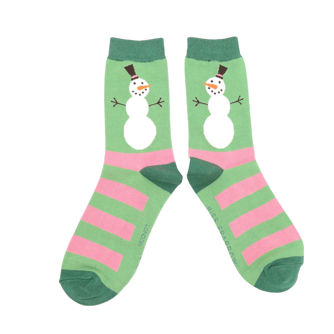 Miss Sparrow Bamboo Snowmen Stripes Socks Green