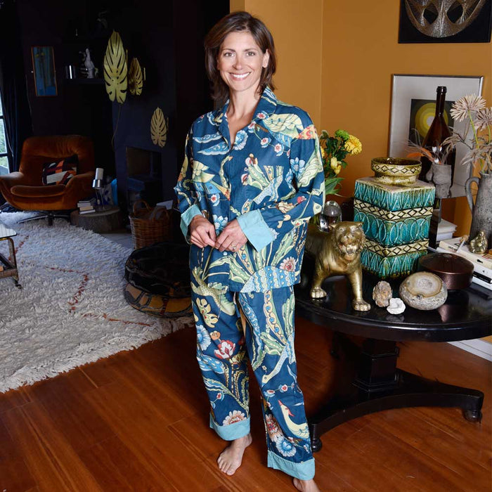 Powell Craft Blue Floral Exotic Bird Print Ladies Pyjamas
