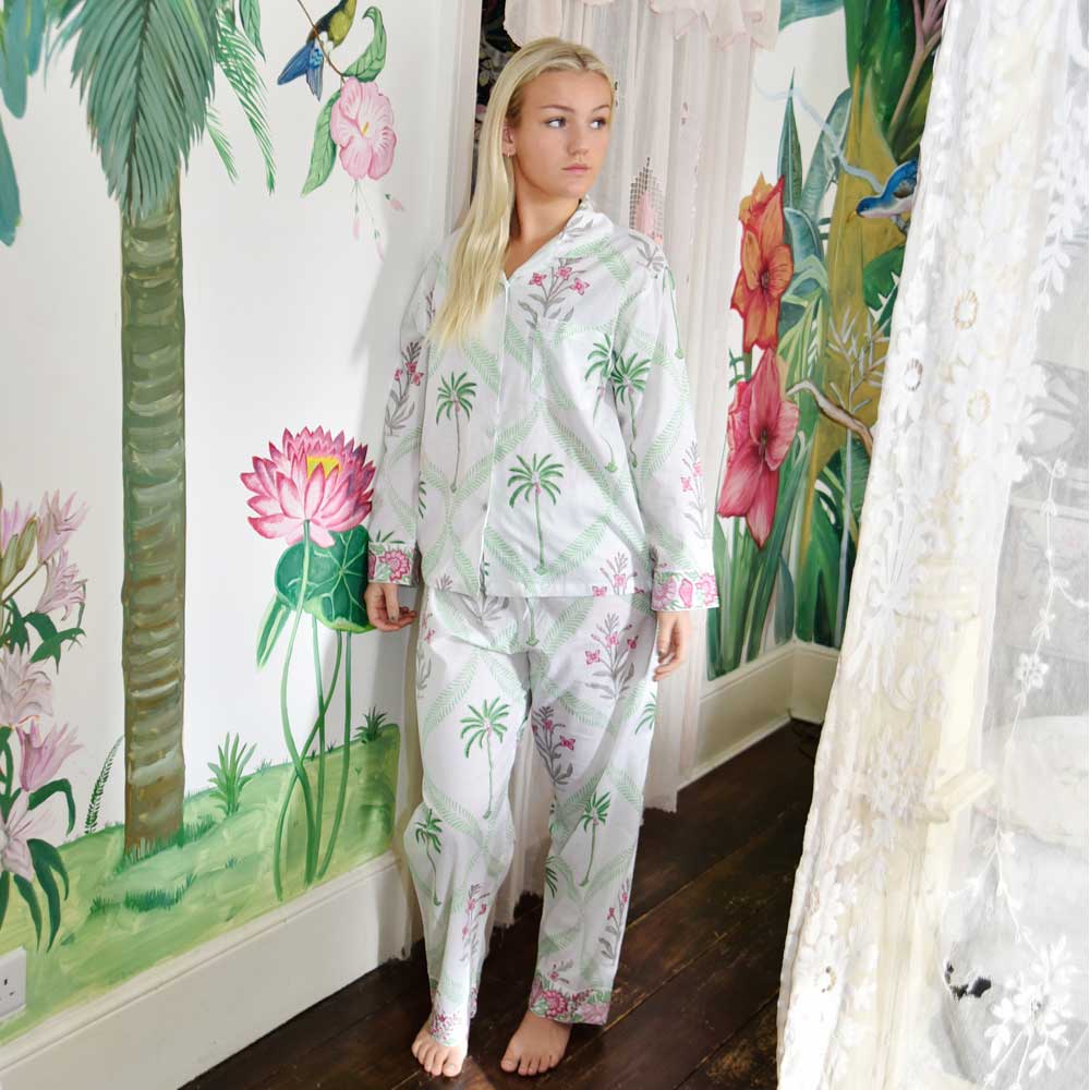 Powell Craft Pink Palms Print Ladies Pyjamas - 100% Cotton