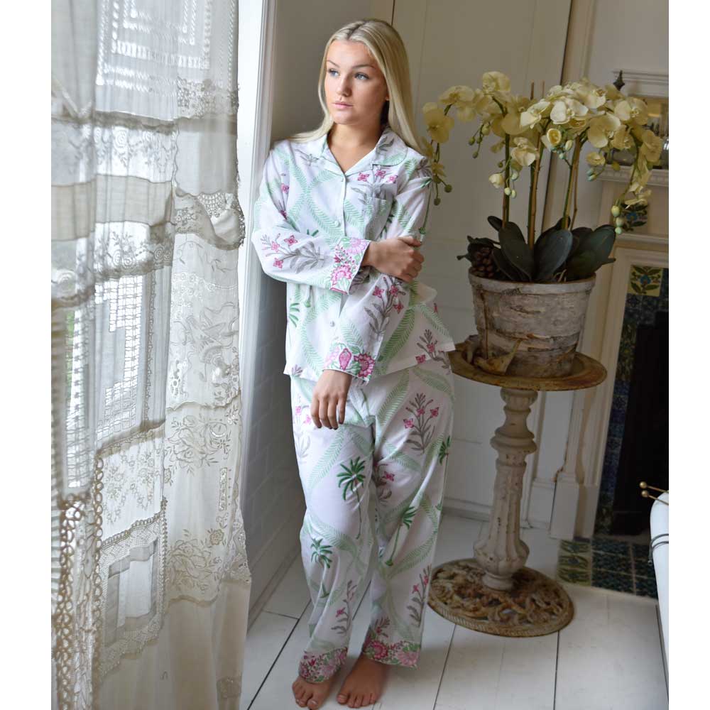 Powell Craft Pink Palms Print Ladies Pyjamas - 100% Cotton