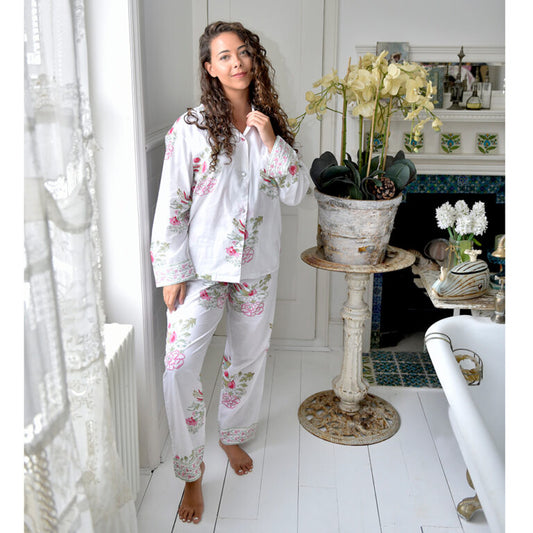 Powell Craft long length floral PJs with a white base and pink printed flowers
