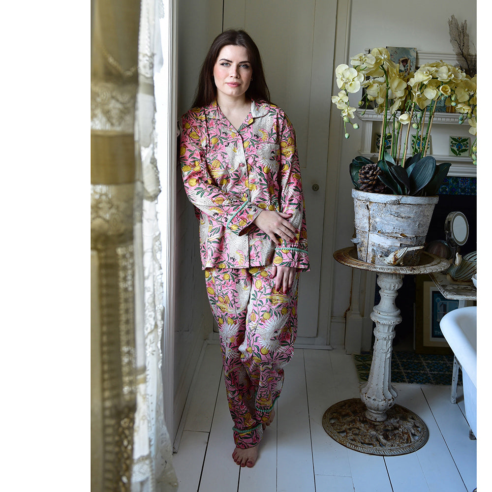 Powell Craft Pink Tropical Bird & Pomegranate Print Pyjamas