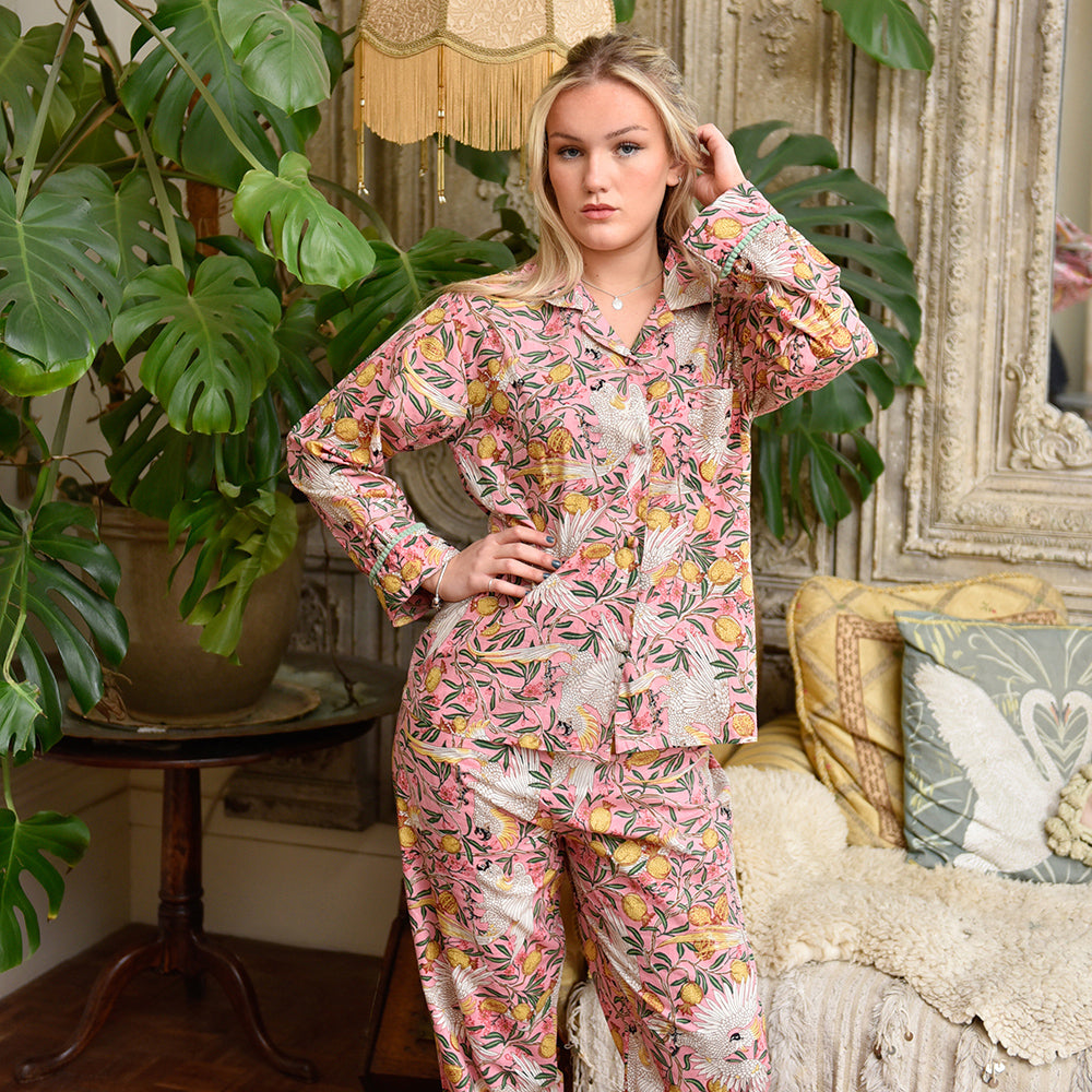 Powell Craft Pink Tropical Bird & Pomegranate Print Pyjamas