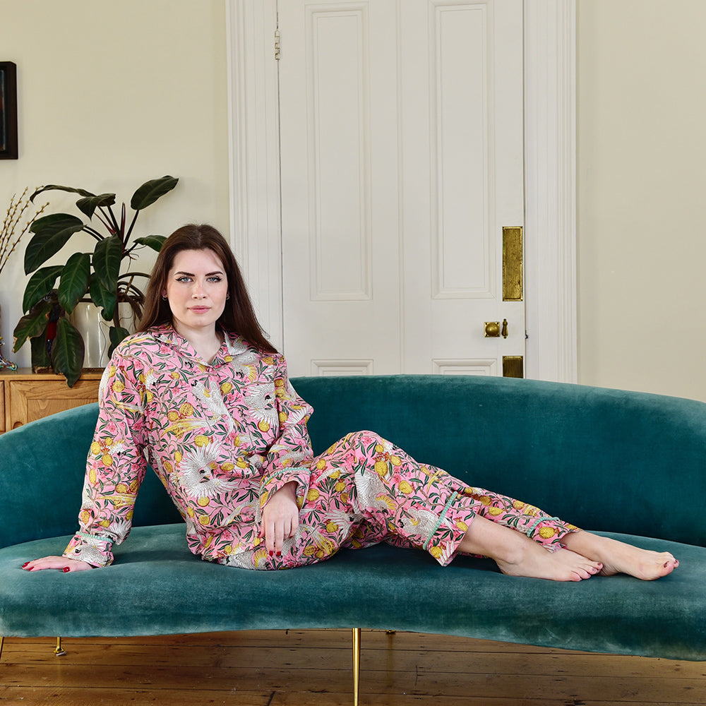 Powell Craft Pink Tropical Bird & Pomegranate Print Pyjamas