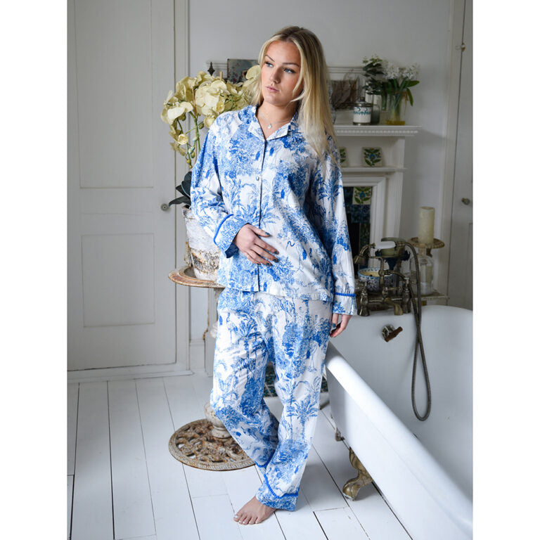 Powell Craft Blue & White Safari Toile De Jouy Print Pyjamas