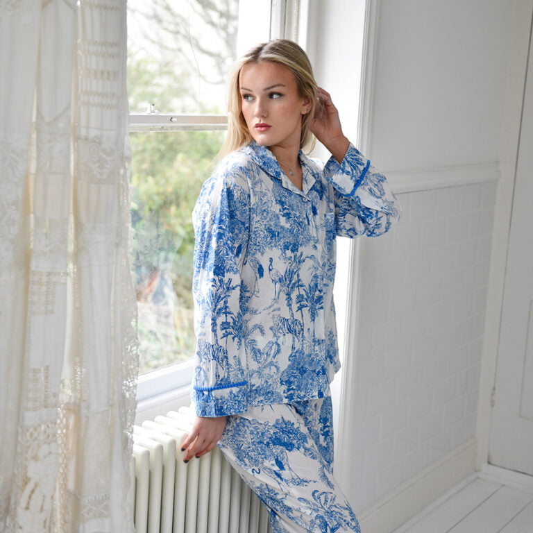 Powell Craft Blue & White Safari Toile De Jouy Print Pyjamas