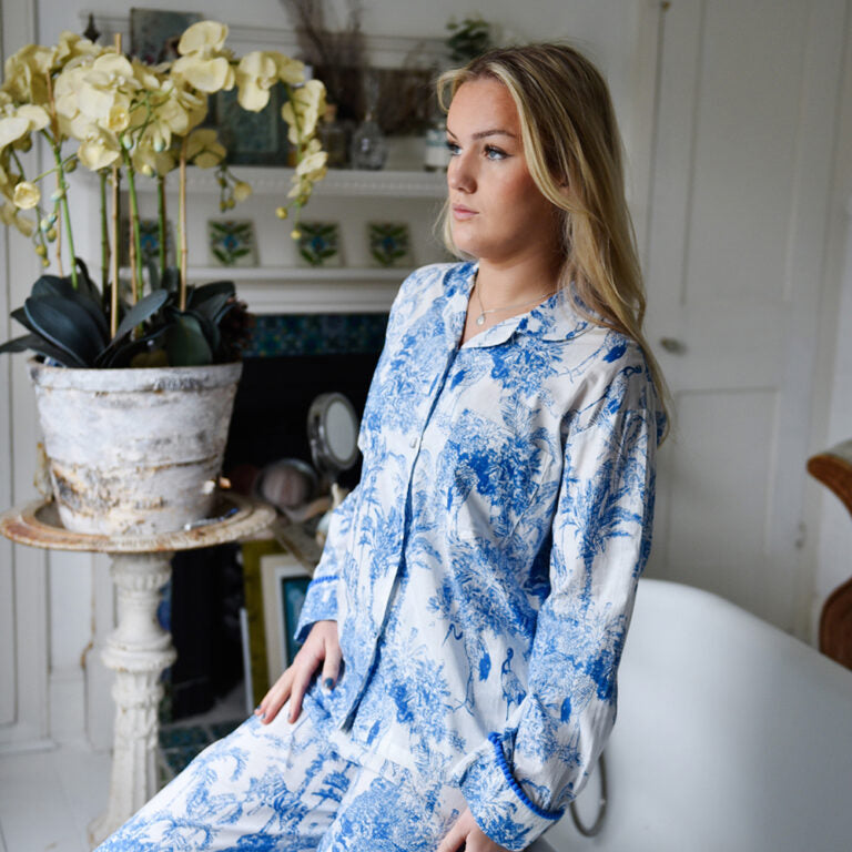 Powell Craft Blue & White Safari Toile De Jouy Print Pyjamas