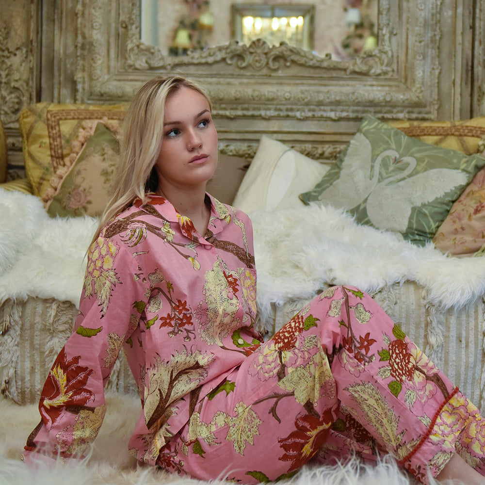 Powell Craft Pink, Cream & Burnt Orange Large Botanical Print Pyjamas