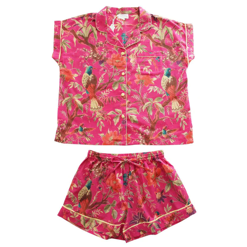 Powell Craft Hot Pink Birds Short Pyjama Set With Piping