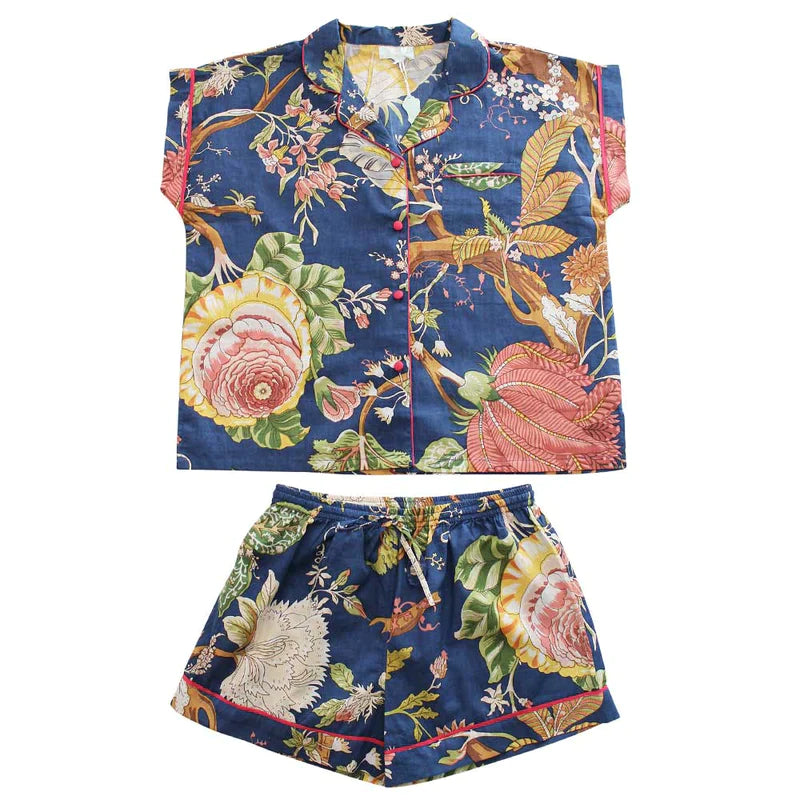 Powell Craft Blue Carnation Short Pyjama Set With Piping