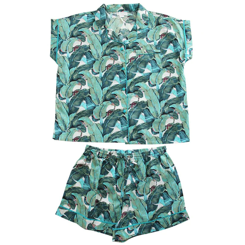 Green Leaf Short Pyjama Set With Piping