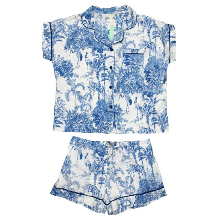 Powell Craft Blue & White Safari Toile De Jouy Print Short Pyjama Set